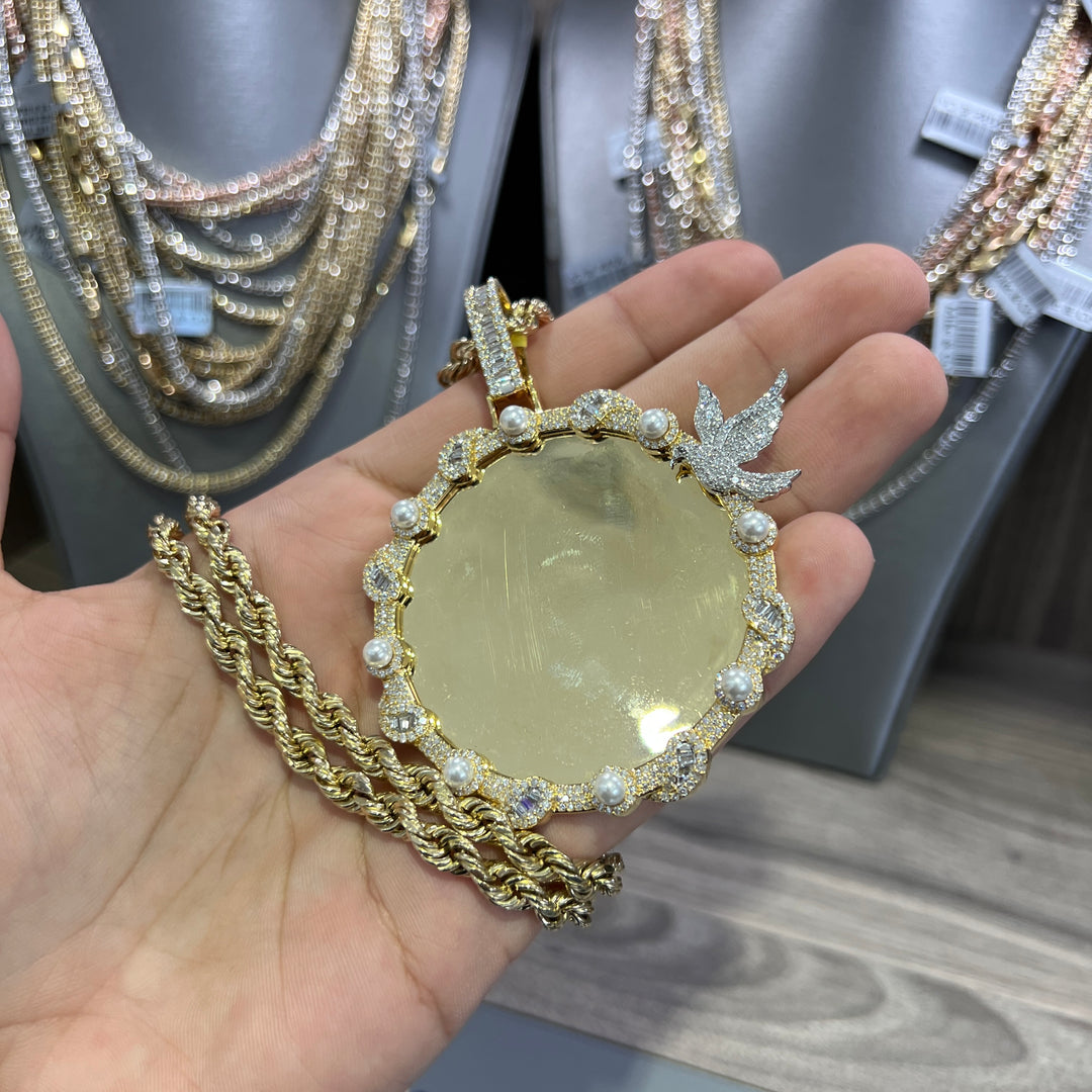 TWO PIECE SPECIAL 3.5 INCH PEARL DIAMOND PICTURE PENDANT