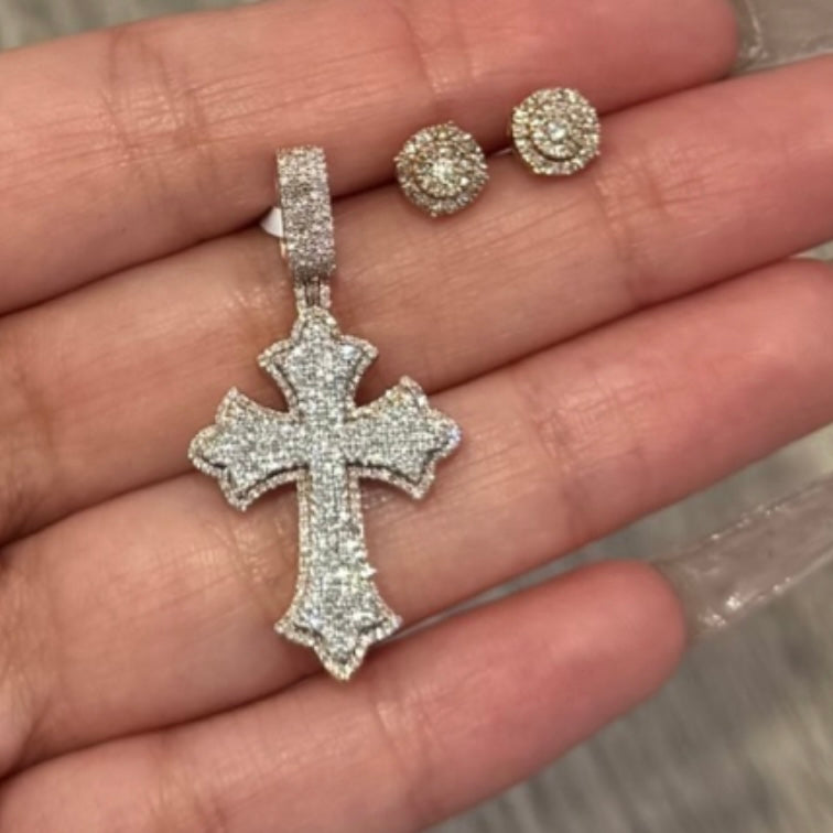 Rose gold diamond cross pendant with earrings