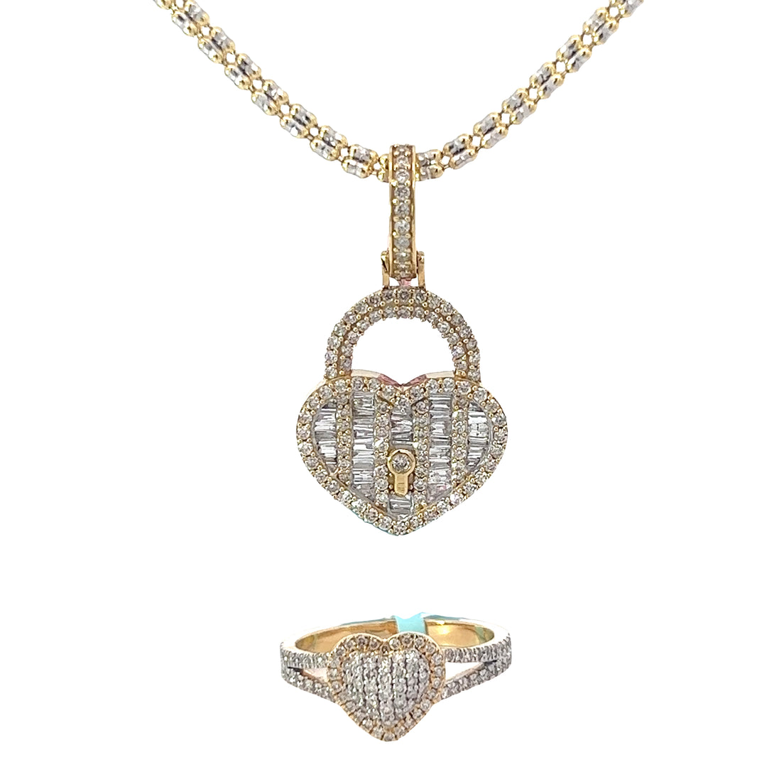Yellow gold diamond heart locket pendant with diamond heart ring Set