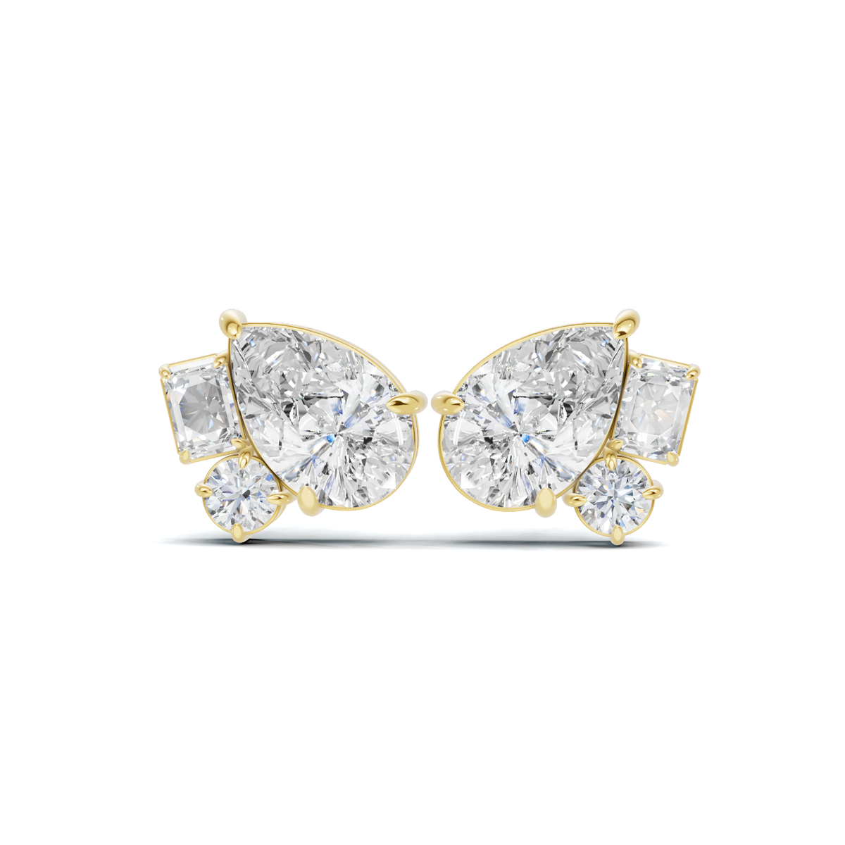 Asymmetric Pear and Emerald Cut Diamond Cluster Studs