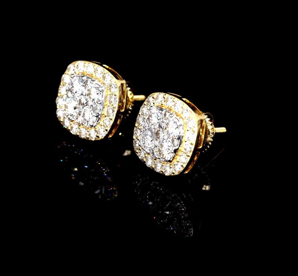 14k gold square CUSHION CUT diamond VVS earrings