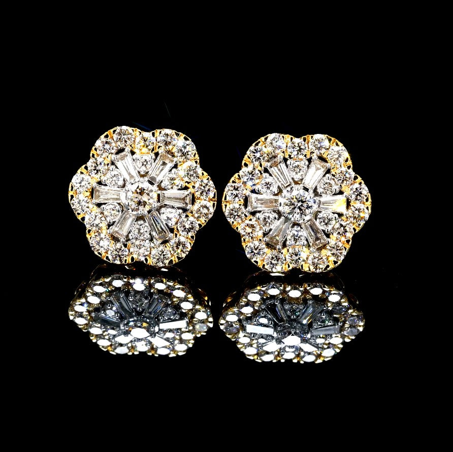 14K YELLOW GOLD FLOWER DIAMOND EARRINGS NATURAL
