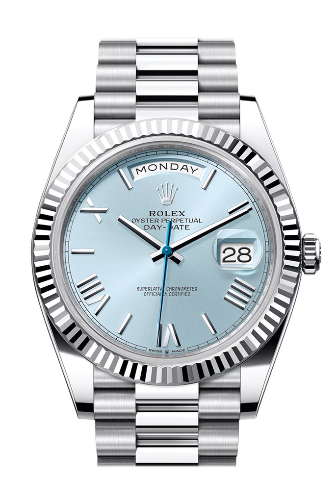 Rolex Day Date 40 Ice Blue Roman Dial Dial Fluted Bezel Platinum Presi Mike The Jeweler
