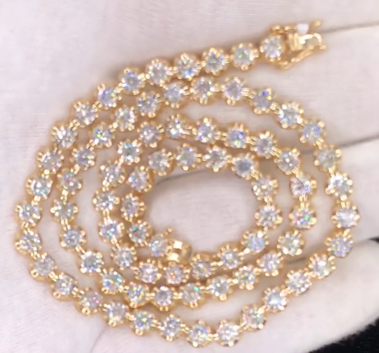 Round Yellow Gold Diamond Iced Out Tennis Chain featuring 6.58Cts of high clarity round diamonds